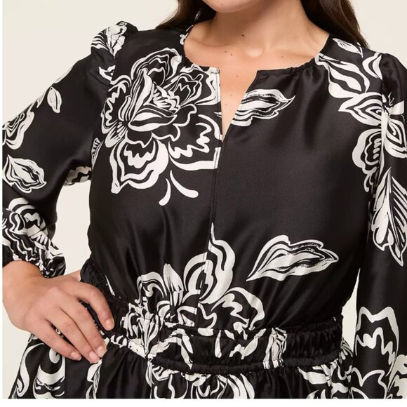 Lane Bryant Split-Neck Fit & Flare Black &White Floral Midi Dress - Picture 3 of 13